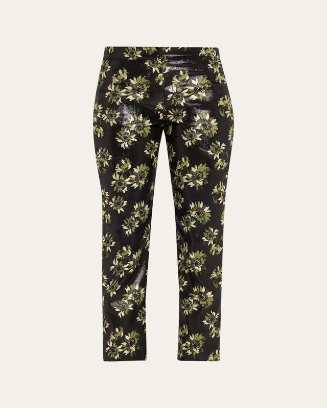 Lacquered Sunflower Jacquard Slim-Leg Ankle Pants